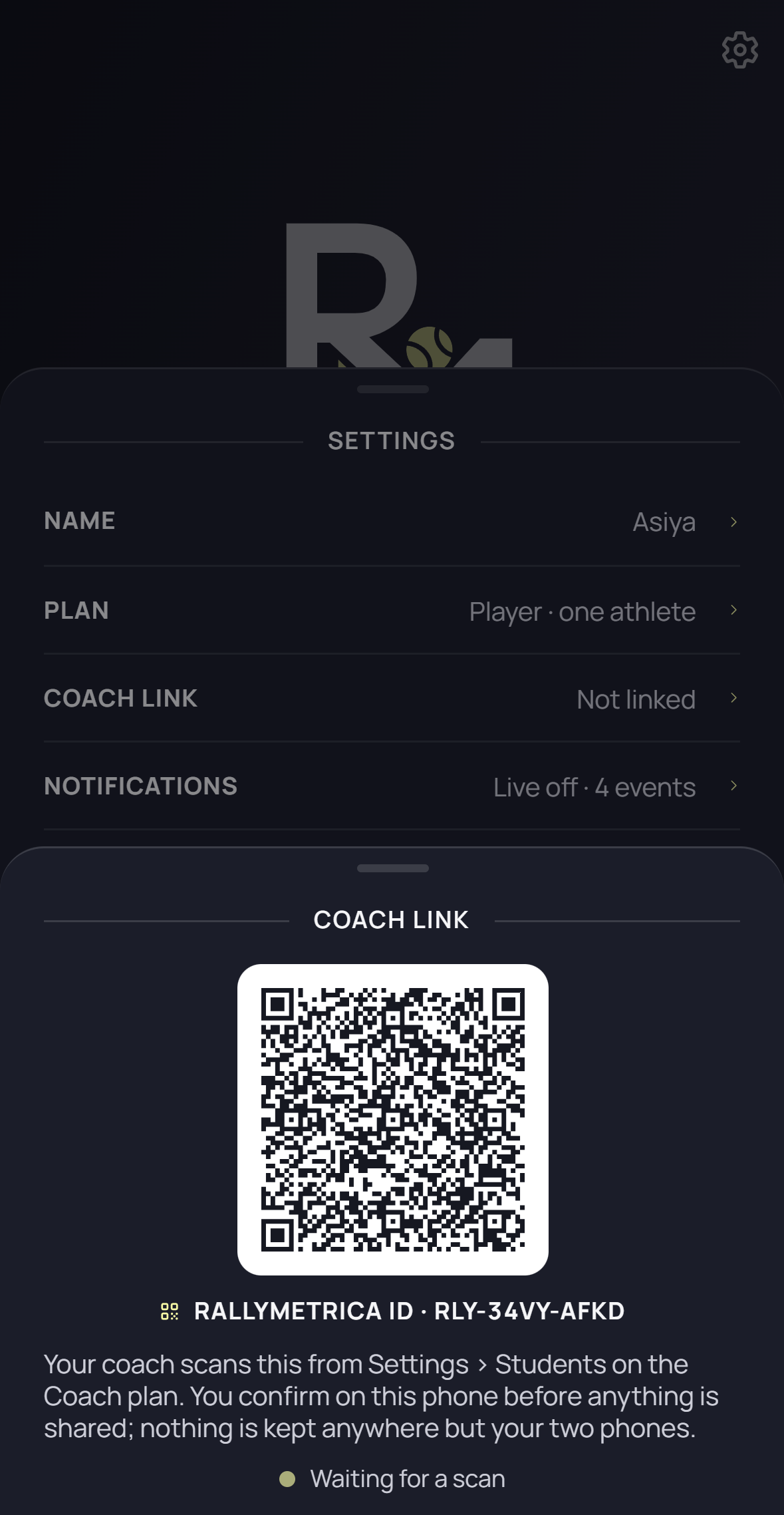 Rallymetrica Coach link screen showing the pairing code