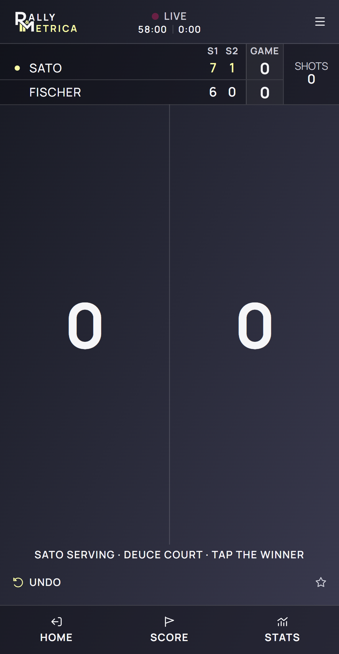 The live court in Score mode: tap the side that won the point
