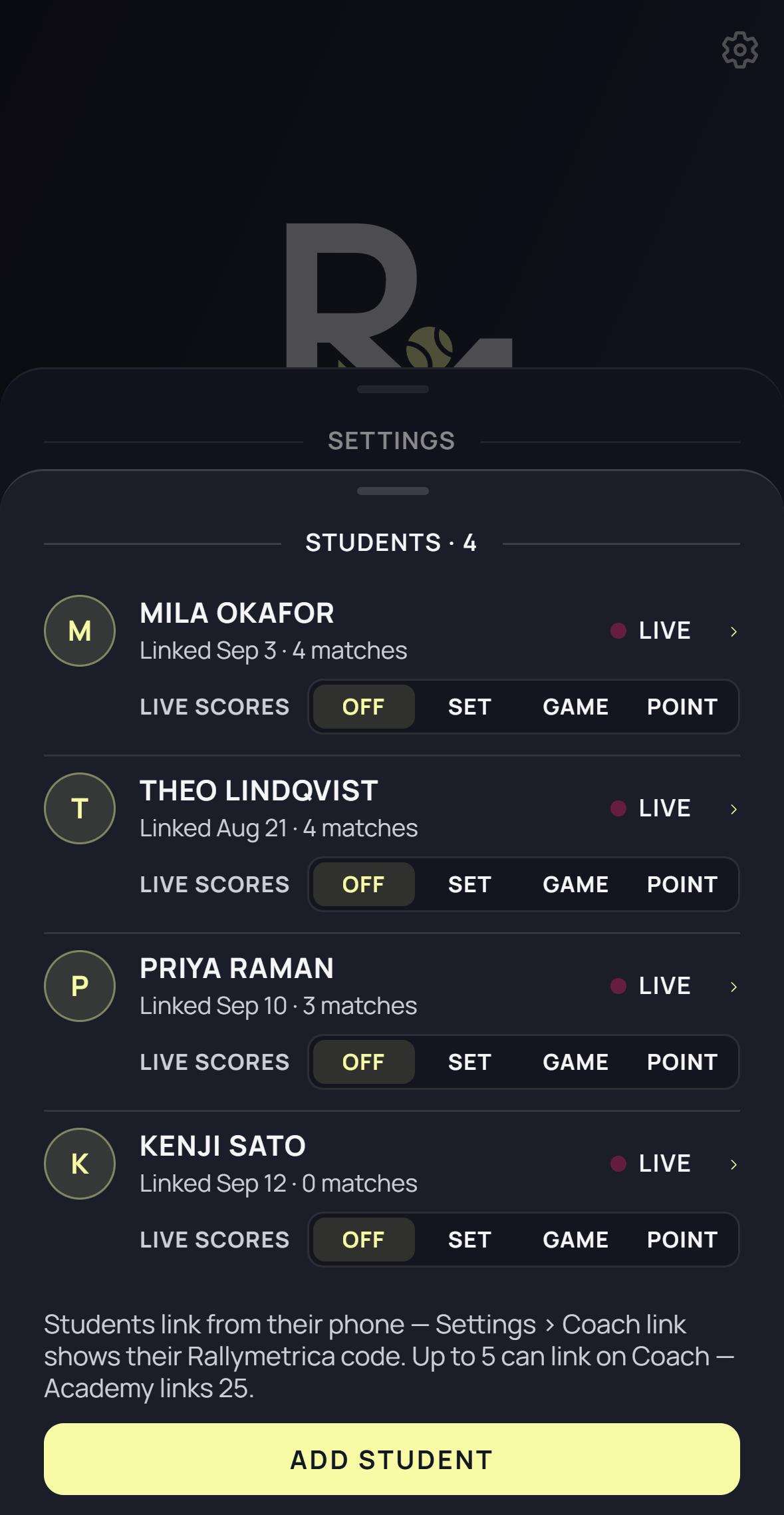Settings → Students: linked students with their live-score settings
